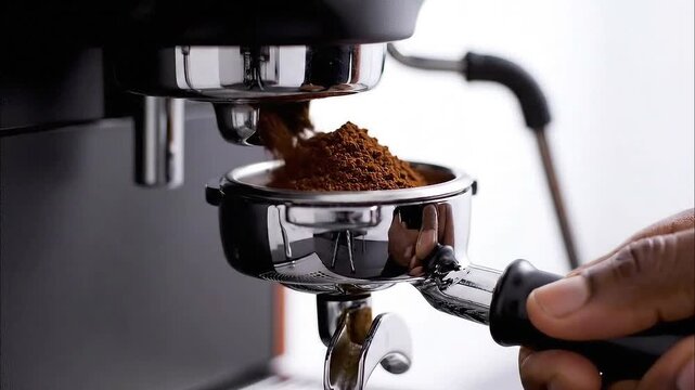 Freshly ground coffee dispensed into portafilter of espresso machine
