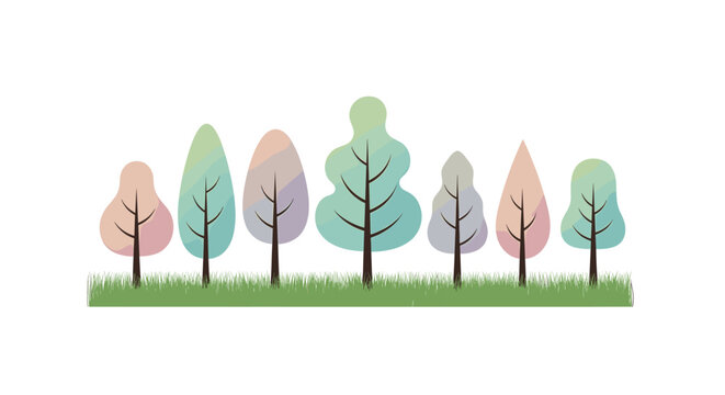 Whimsical pastel trees in grassy field, perfect for children's designs, springtime projects, and nature-themed backgrounds, creating a cheerful vibe