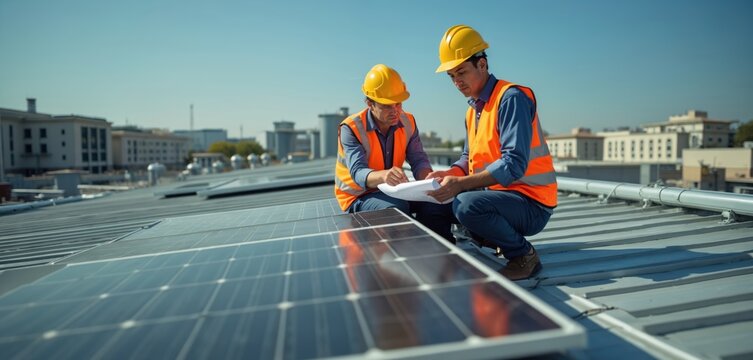 Two technicians wearing safety vests and helmets review plans on rooftop. They are installing solar panels for sustainable energy generation. Workers collaborate on eco friendly project on sunny day. - Powered by Adobe