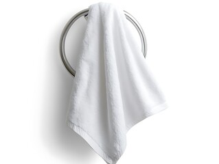 White fluffy towel hanging on a polished metal bar against a smooth wall