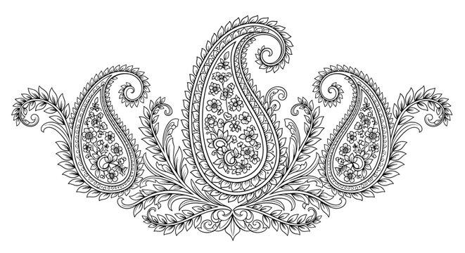 Elegant paisley floral design with intricate line work, perfect for stylish patterns, invitations, and creative projects with a beautiful vintage touch