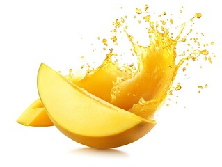 Freshly Sliced Mango with Green Leaves Isolated On White