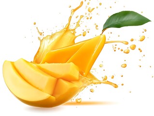 Freshly Sliced Mango with Green Leaves Isolated On White