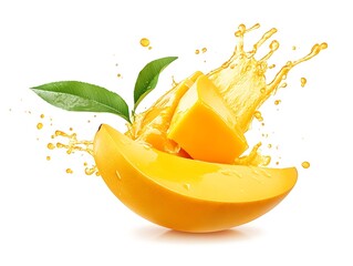 Freshly Sliced Mango with Green Leaves Isolated On White