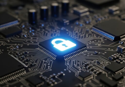 Digital security concept with glowing padlock icon on microchip on a circuit board