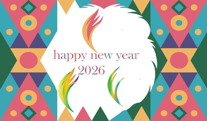 Vibrant geometric festive celebration card with colorful tribal patterns and abstract flame motifs conveying joyful wishes and warm greetings for a bright and prosperous New Year 2026.