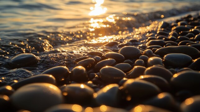 A quiet beach dotted with rounded pebbles in silhouette - Powered by Adobe