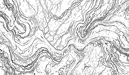 Black and White Abstract of Wavy, Textured Lines and Speckles, Evoking Eroded Landscapes or Chaotic Ink Patterns.