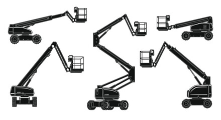 Various articulated boom lifts in black and white schematic illustrations