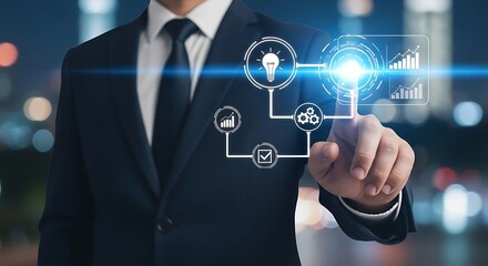 Businessman touching a futuristic interface with glowing icons representing business strategy, innovation, and success
