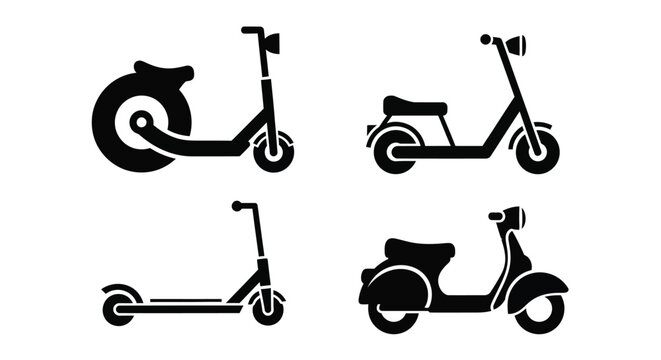 Black and white silhouettes of electric scooters and mopeds flat design