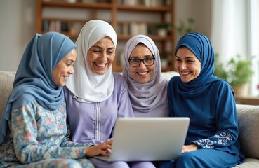 Arab Muslim women share joyful moments using laptop at home. Three generations connect through technology. Family bonding, cultural heritage, digital lifestyle, warmth, happiness visible. Modern