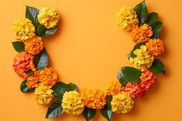Glossy Altar with Reflective Marigold Petals concept as A wide shot of a glossy altar covered with reflective marigold petals set against a dark glossy background capturing the spiritual and cultural