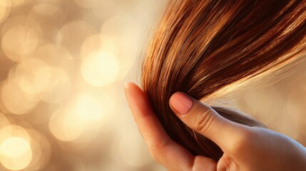A close-up of a hand holding long, shiny brown hair against a blurred golden background.