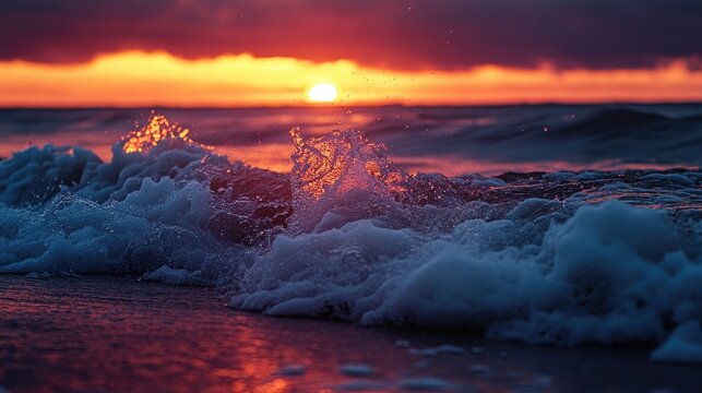 A silhouette of small waves crashing on a beach