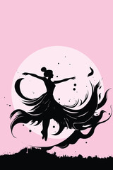 Elegant silhouette of a dancing woman in motion, surrounded by abstract flowing shapes on a pink background. Artistic illustration symbolizing freedom, grace, and creativity.