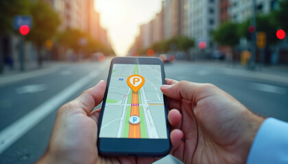Man uses smartphone map app to find parking spot in city street. Person navigates urban area searching for car space using mobile device showing gps route and destination pin.