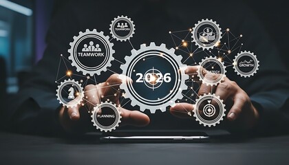 Teamwork and collaboration concept with gears and icons representing business growth and success in the year 2026