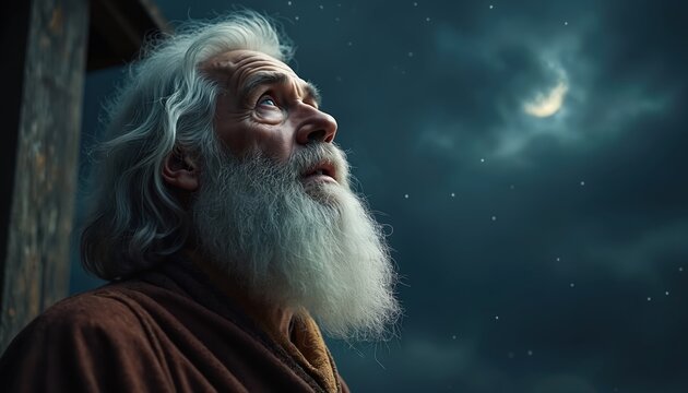 Elderly man with flowing white beard, hair gazes up at night sky. Observes crescent moon, stars through dark clouds. Abraham ponders divine promise, hope, deep faith. Ancient patriarch reflects on - Powered by Adobe