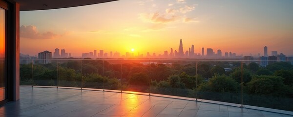 Obraz premium Modern apartment balcony offers stunning city skyline view. Golden sunset casts warm light on urban buildings and green trees below. Residential property has panoramic metropolis panorama.