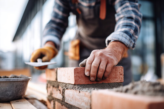 A man is laying bricks and using a trowel to spread mortar