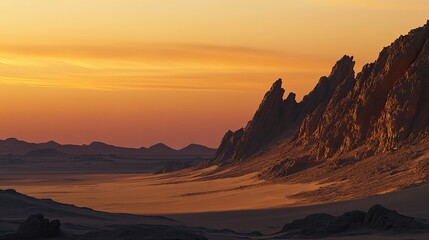 The quiet silhouettes of distant dunes meeting textured rocky outcrops