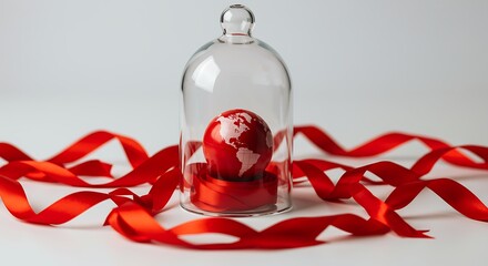 Vibrant red ribbon frames a delicate glass dome protecting a miniature red earth, symbolizing global care, protection, and conservation efforts.