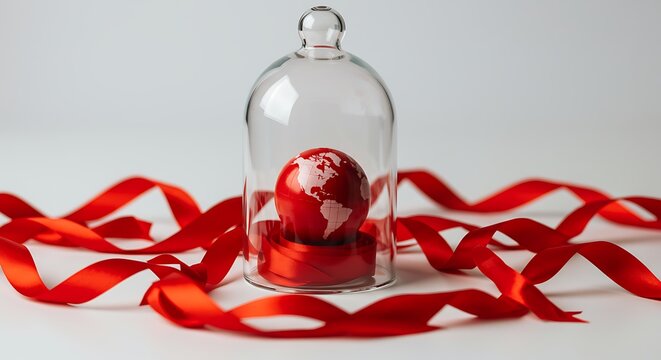 Vibrant red ribbon frames a delicate glass dome protecting a miniature red earth, symbolizing global care, protection, and conservation efforts.