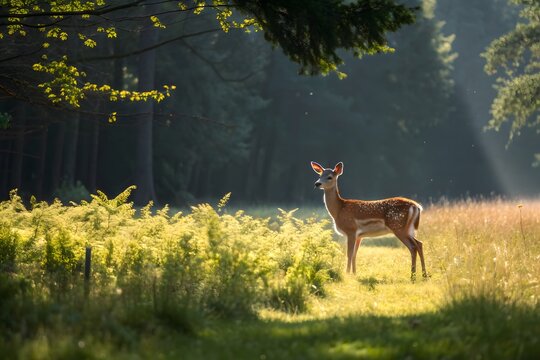 Deer standing in a sunlit forest clearing with tall grass