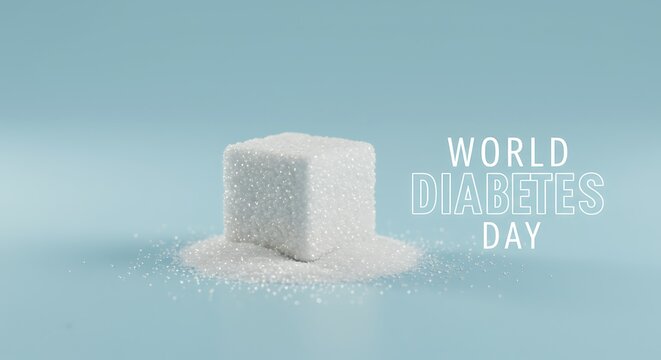 World Diabetes Day awareness with a sugar cube and granulated sugar symbolizing health and medical campaigns