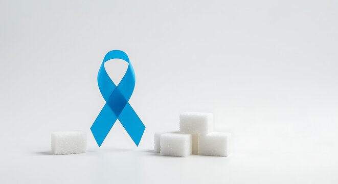 Symbolic blue ribbon and sugar cubes representing diabetes awareness and the struggle with blood sugar control - Powered by Adobe