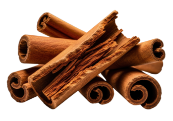 Aromatic cinnamon sticks, one snapped diagonally showing flaky interior, reddish-brown powder, jagged edges, isolated on gray with shadow, macro close-up, high-contrast lighting, creamy bokeh. Raw