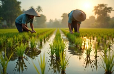 Farmers in conical hats plant rice seedlings in flooded paddy field at sunrise. Agricultural workers cultivate young green sprouts in water. People perform manual labor on traditional organic farm in