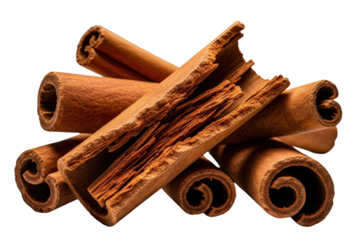 Aromatic cinnamon sticks, one snapped diagonally showing flaky interior, reddish-brown powder, jagged edges, isolated on gray with shadow, macro close-up, high-contrast lighting, creamy bokeh. Raw