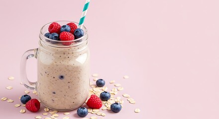 Delicious berry smoothie in mason jar with straw for healthy breakfast or snack on pastel pink background, fresh and vibrant for a balanced diet