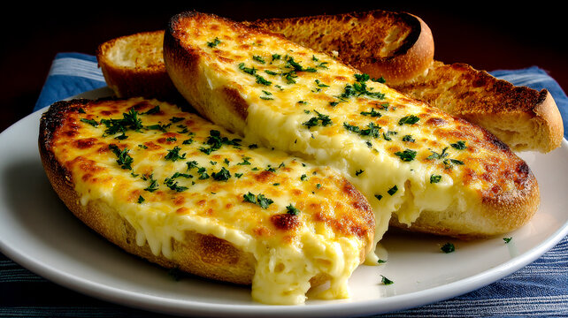 Cheesy garlic bread with melted mozzarella and parsley on a white plate.