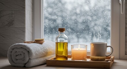 Cozy spa retreat ambiance with warm candle glow, steaming mug, and soothing massage oil overlooking gentle snowfall outside a window