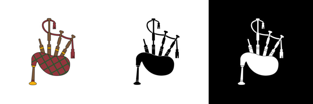 Illustration of bagpipes in color, black silhouette, and white outline. Suitable for Scottish culture, traditional music, and heritage-themed vector designs.