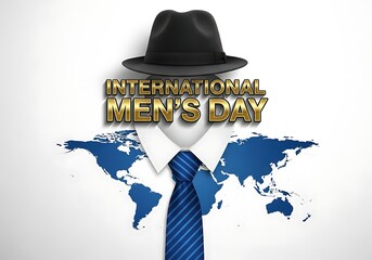International mens day celebration with a man in a hat and tie, superimposed on a world map, isolated on white background
