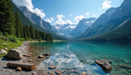 Scenic turquoise mountain lake view. Fir tree forest grows near water. High snowy peaks under blue sky. Reflection of clouds and woods in lake surface. Landscape wallpaper.