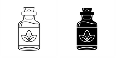 Two icons of a bottle with a leaf symbol, one in outline and one in silhouette