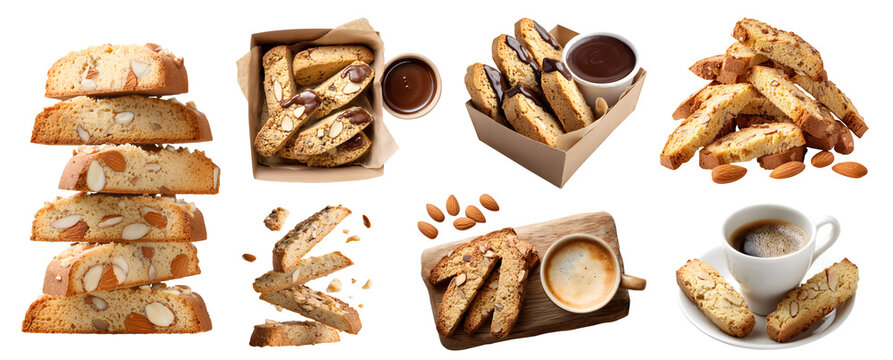 Set of classic Italian almond Biscotti cantucci, nut crunchy twice-baked cookie biscuit, takeaway box, serve wood board, with coffee, pile stack broken, transparent cutout PNG. Many different Mockup