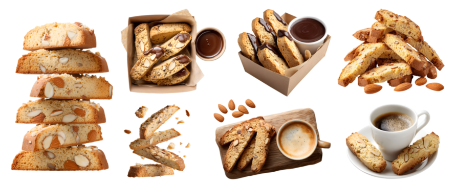 Set of classic Italian almond Biscotti cantucci, nut crunchy twice-baked cookie biscuit, takeaway box, serve wood board, with coffee, pile stack broken, transparent cutout PNG. Many different Mockup