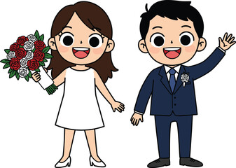 Cartoon wedding couple illustration, bride and groom artwork, romantic marriage ceremony scene, love celebration drawing, happy characters, cad drawing flat vector illustration