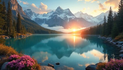 Golden sunrise illuminates majestic snow capped mountains reflecting on calm turquoise lake water. Dense green pine forest lines shore. Vibrant pink flowers bloom in foreground. Pristine wilderness