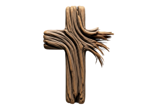 A solitary, rustic wooden cross, deeply weathered, fissured, and splintered, with gnarled grain, on a transparent background with dramatic studio lighting, natural decay and resilience concept.