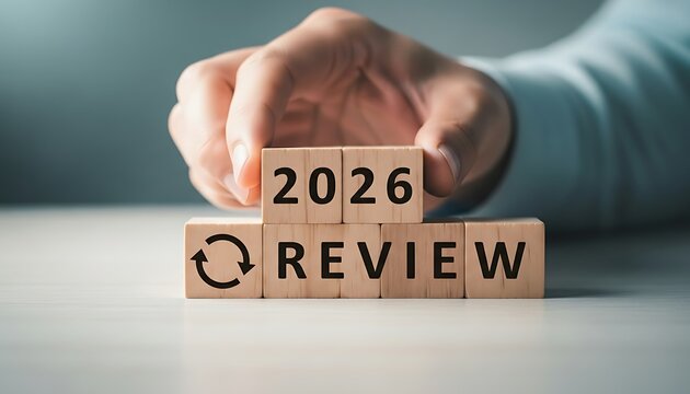 Hand arranging wooden blocks with the year 2026 and the word review, symbolizing future planning and assessment