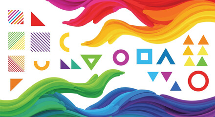 Colorful abstract shapes and flowing ribbons create a vibrant design composition