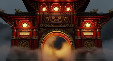 Red Asian Gate with Arch in Mist