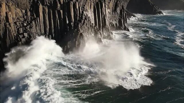 Powerful ocean wave crashing against rugged basalt cliffs